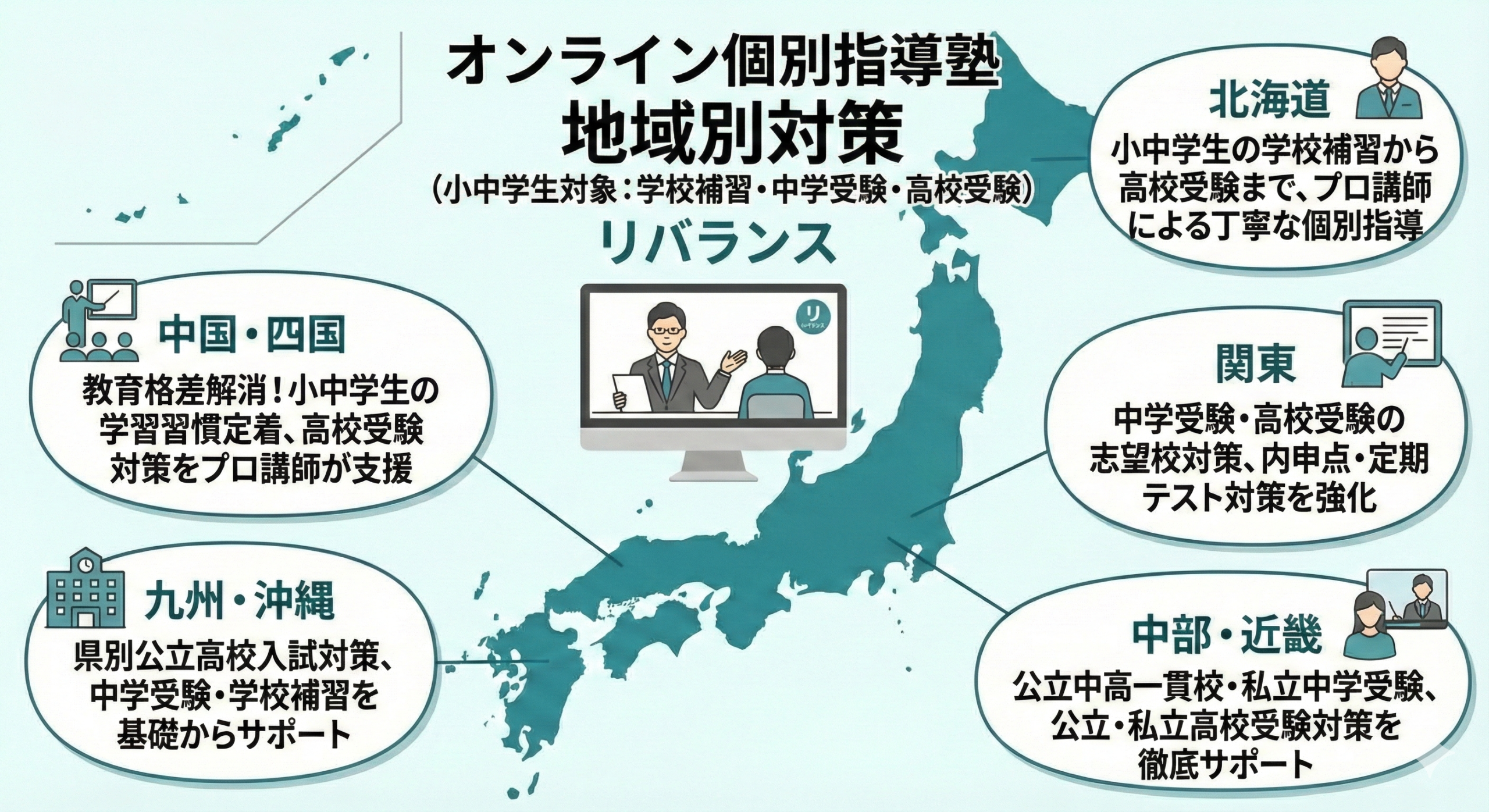 学校補習・中学受験・高校受験に対応した発達障害(LD/ADHD/自閉症スペクトラム)・ギフテッド(2E)のオンライン個別指導塾・発達支援塾リバランスの地域別対策