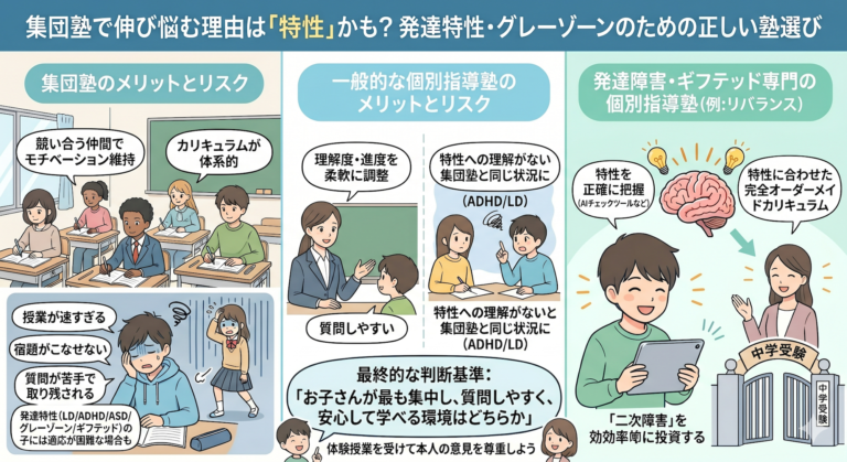 学校補習・中学受験・高校受験に対応した発達障害(LD/ADHD/自閉症スペクトラム)・ギフテッド(2E)のオンライン個別指導塾・発達支援塾リバランス